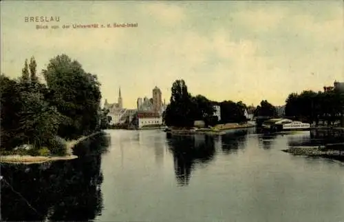 Ak Wrocław Breslau Schlesien, Blick von der Universität zur Sandinsel
