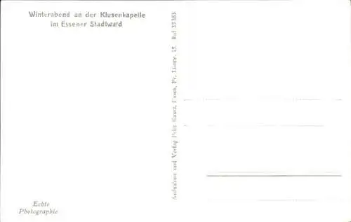 Ak Stadtwald Essen im Ruhrgebiet, Winterabend an der Klusenkapelle