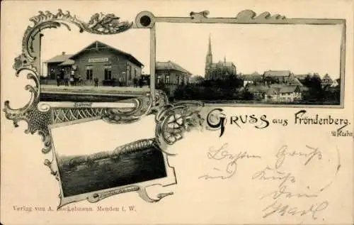 Ak Fröndenberg an der Ruhr, Bahnhof, Häuseransicht, Kirche, Brücke