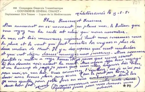 Ak Dampfer Gouverneur General Chanzy, CGT, French Line
