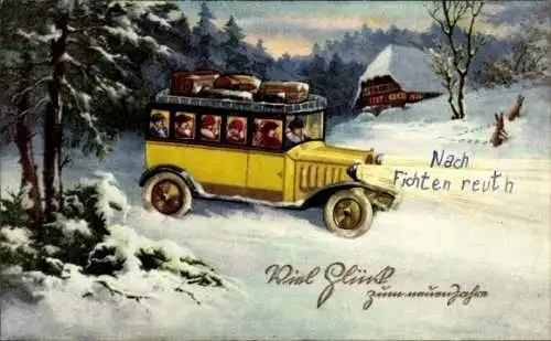 Ak Fröhliches Neujahr, Post-Autobus auf der Fahrt durch Winterlandschaft