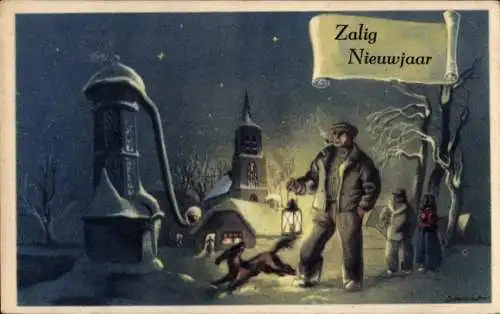 Ak Glückwunsch Neujahr, Mann mit Handlaterne, Hund