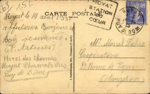 Ak Royat Puy de Dôme, CGMEN
L'AUVERGNE
G. D'O. 1142. ROYAT. Place Allard.
NECINEME