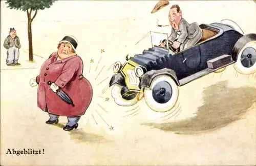 Künstler Ak Scheuermann, Willi, Abgeblitzt, Auto prallt vom Hintern einer dicken Frau ab