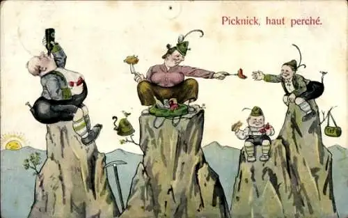 Künstler Ak Scheuermann, Willi, Familie beim Picknick auf einem Berggipfel