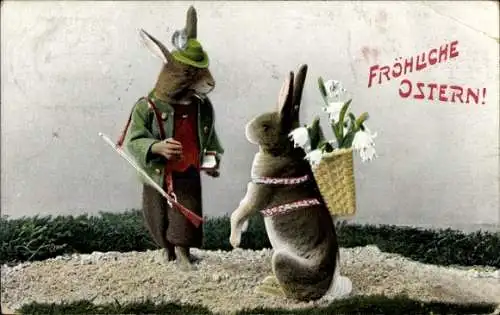 Ak Glückwunsch Ostern, Vermenschlichte Hasen, Gewehr, Korb, Blumen