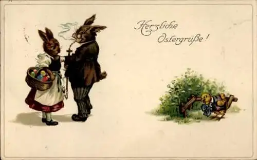 Ak Glückwunsch Neujahr, Vermenschlichte Hasen, Küken, Ostereier