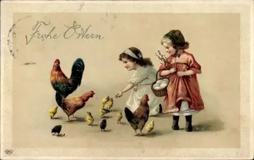 Präge Passepartout Ak Glückwunsch Ostern, Mädchen füttern Küken, Ostereier