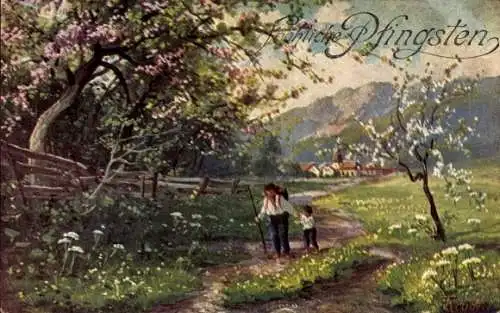 Ak Fröhliche Pfingsten, Landschaftsmotiv, Mann und Kind