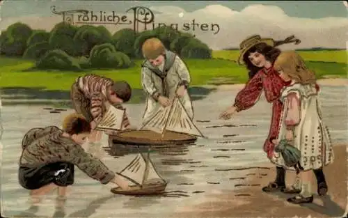 Ak Glückwunsch Pfingsten, Kinder am Fluss, Segelboote, Spielzeuge