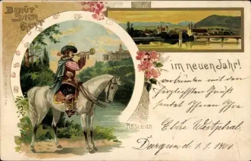 Litho Glückwunsch Neujahr, Trompeter von Säckingen zu Pferde