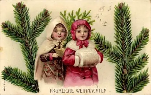 Präge Ak Frohe Weihnachten, Heureux Noel, Tannenzweige, Kinder