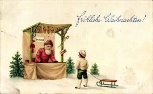 Präge Ak Glückwunsch Neujahr, Kind mit Schlitten, Weihnachtsmann