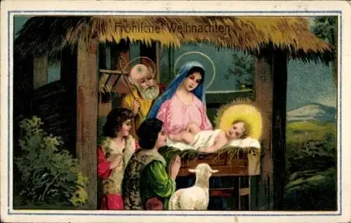 Präge Ak Frohe Weihnachten, Heilige Familie, Krippe, Jesuskind, Maria