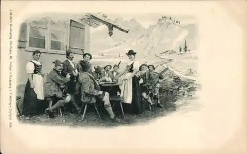 Ak Bayrische Trachtengruppe vor einer Hütte