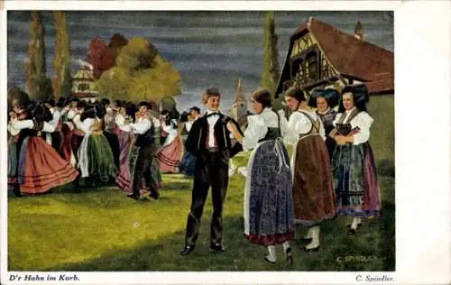 Künstler Ak Spindler, C., Elsaß Lothringen, D'r Hahn im Korb