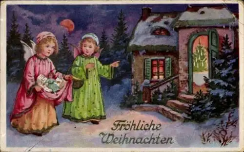 Ak Frohe Weihnachten, Zwei Engel mit Geschenken vor einem Haus