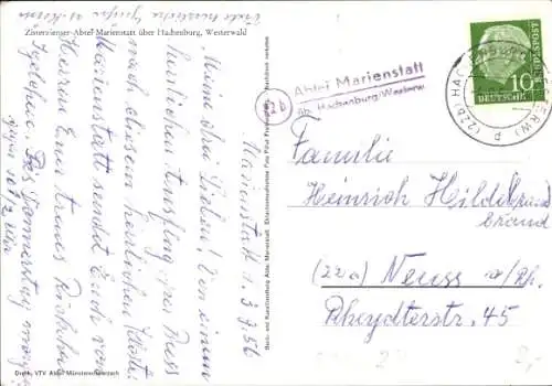 Ak Landpoststempel Abtei Marienstatt über Hachenburg/Westerw.
