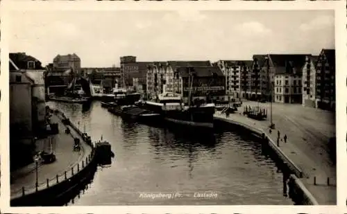 Ak Kaliningrad Königsberg Ostpreußen, Lastadie, Speicherhäuser, Schiff