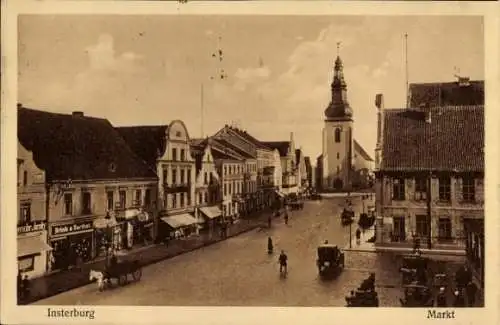 Ak Tschernjachowsk Insterburg Ostpreußen, Marktszene, Gebäude, Kirche, Pferdewagen, Menschen