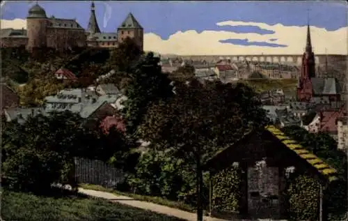 Ak Mylau Reichenbach im Vogtland, Schloss, Göltzschtalbrücke, Stadtansicht