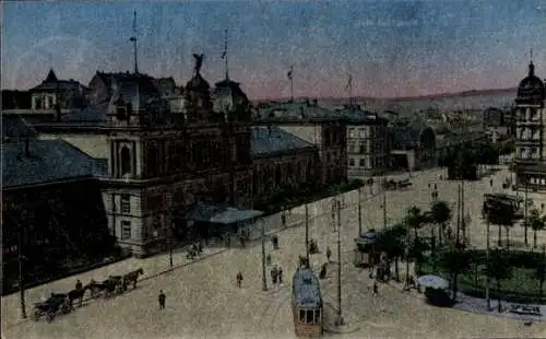 Ak Mainz am Rhein, Blick auf den Hauptbahnhof in  Straßenverkehr, Tram, Fahrzeuge, Bäume