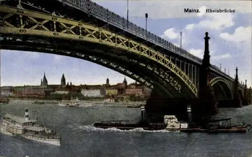 Ak Mainz am Rhein, Rheinbrücke, Schiffe auf dem Rhein, Stadtsilhouette im Hintergrund