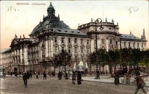 Ak München Bayern, Justizpalast, historische Architektur, Menschen auf der Straße