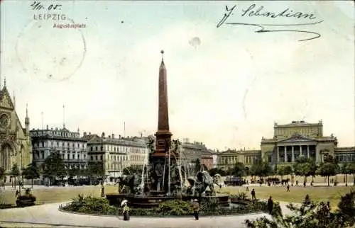 Ak Leipzig in Sachsen, Augustusplatz, Springbrunnen