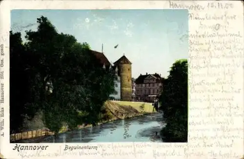 Ak Hannover in Niedersachsen, Flusspartie mit Blick zum Beguinenturm