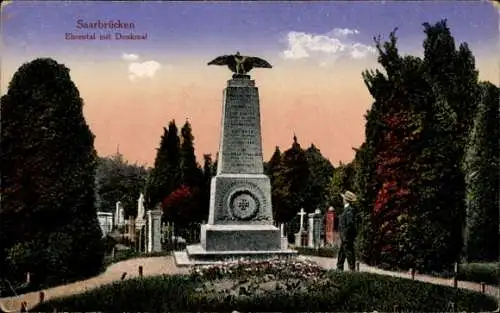 Ak Saarbrücken im Saarland, Ehrendenkmal, Gartenanlage, dekorativer Himmel