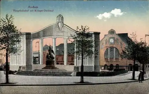 Ak Aachen, Hauptbahnhof, Krieger-Denkmal, Gebäude, Bäume, Straße