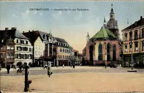 Ak Zweibrücken in der Pfalz, Alexanderkirche, Marktplatz, Stadtansicht