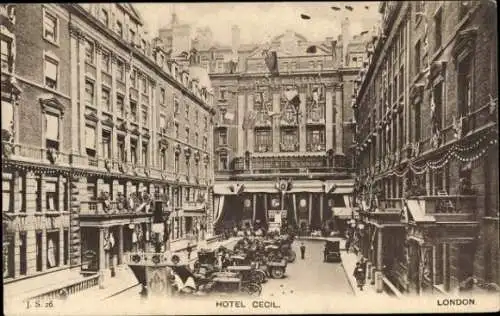 Ak Aldwych London, Hotel Cecil, alte Gebäude, große Straße, historische Autos