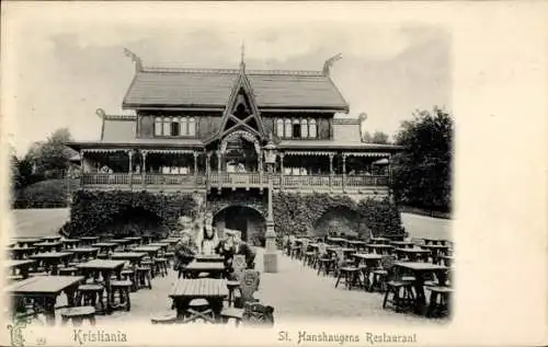 Ak Kristiania Christiania Oslo Norwegen, St. Hanshaugens Restaurant, Gebäudefront, Tische im F...