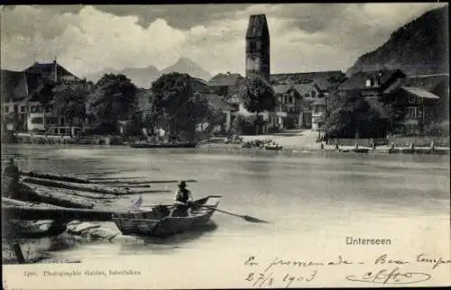 Ak Unterseen Kanton Bern, Blick auf  Berge, Fluss, Fischer, historische Gebäude