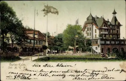 Ak Bern Stadt Kanton Bern, Berg Gurten, Gurten-Kulm, achteckiges Gebäude, grüner Park, Bäume