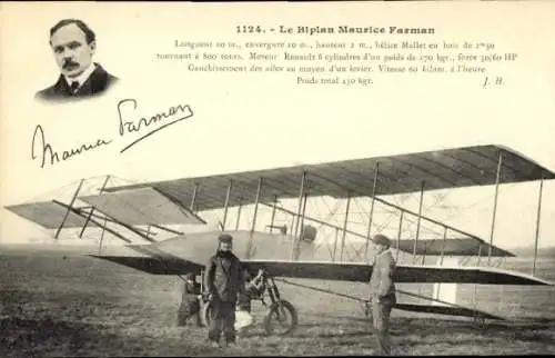 Ak Flugzeug Maurice Farman, Biplan, Portrait