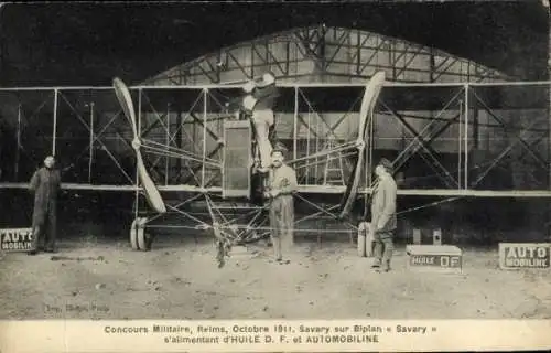 CPA Concours Militaire, Reims, Savary sur Biplan Savary