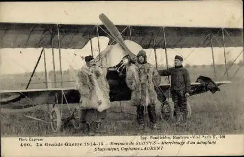CPA Grande Guerre 1914-1915, Atterrissage d'une aeroplane, Observateur Capitaine Laurent