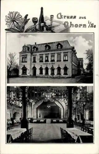 Ak Ohorn in Sachsen, Gasthof zur Eiche, Waldlage, großer Saal, Gesellschaftszimmer, Fremdenzimmer
