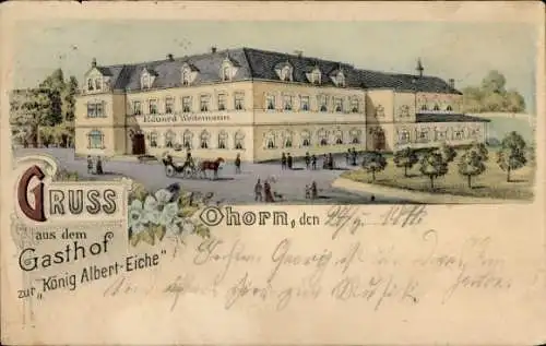 Ak Ohorn in Sachsen, Vorderansicht Gasthof König Albert-Eiche, Personen, Pferd und Wagen
