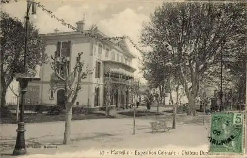 Ak Marseille Bouches du Rhône,  Exposition Coloniale, Château Dupl, Bäume, Straße