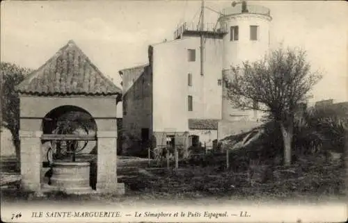 Ak Cannes Alpes Maritimes, Ile Sainte Marguerite, Semaphor, spanischer Brunnen