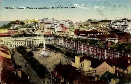 Ak Lisboa Lissabon Portugal, Panoramablick über Rossio, Elevador de Santa Justa, Architektur