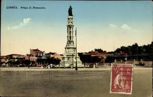 Ak Lisboa Lissabon Portugal, Platz D. Fernando, Statue, Gebäude im Hintergrund, 