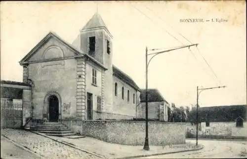 Ak Bonneuil en France Val d'Oise, Eglise in   Architektur, Straßenbeleuchtung