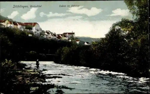 Ak Stühlingen im Schwarzwald Baden, Flusslandschaft, Häuser am Hang, Wolken, Oktober