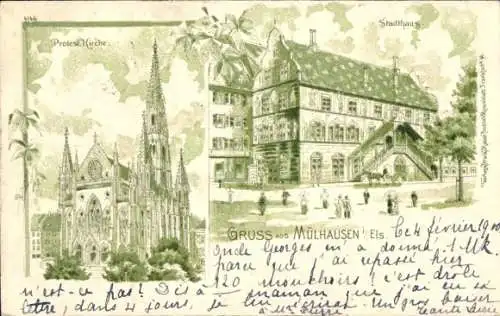 Ak Mulhausen Mühlhausen Elsass Bas Rhin, Stadthaus, protestantische Kirche