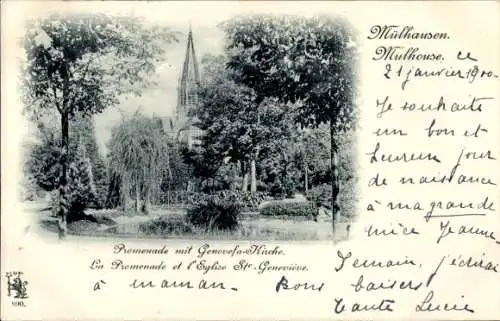 Ak Mulhausen Mühlhausen Elsass Bas Rhin, Promenade, Genovefa-Kirche